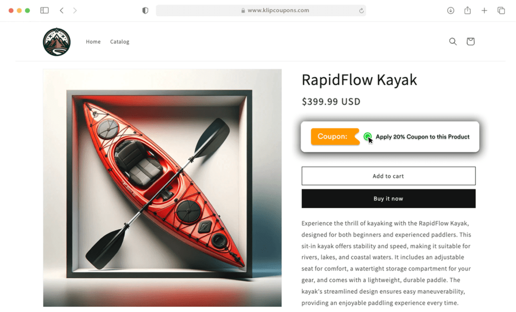 Klip Product Page Coupon on Shopify Site