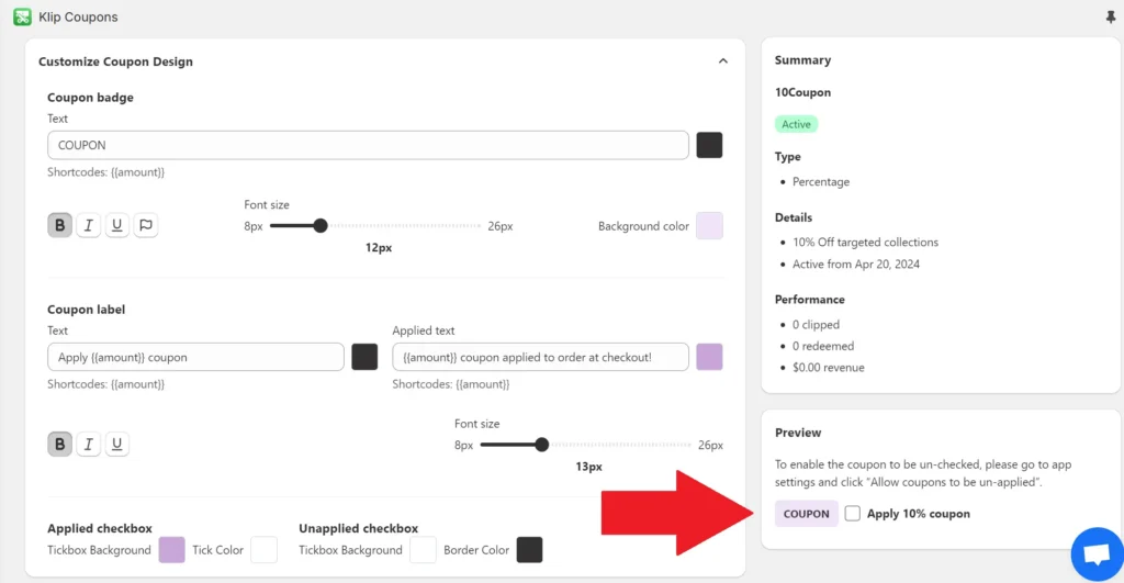 Klip's "Customize Coupon Design" Setting Section where users can customize their coupons appearance. There are fields for text, font sizes, colors, and more.