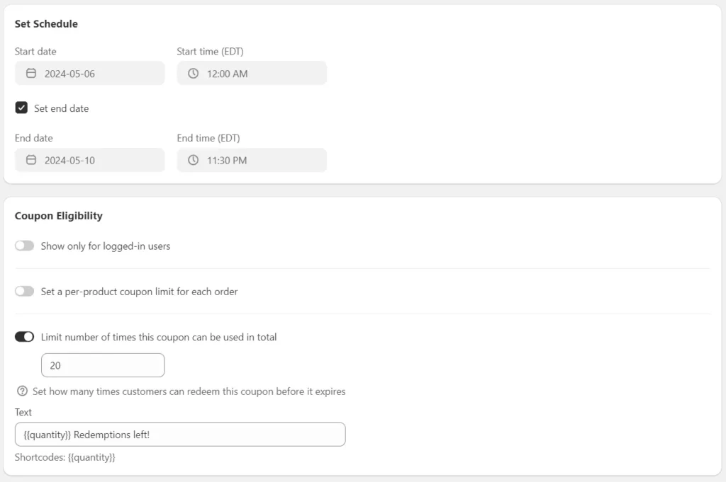 Klip's "Set Schedule" and "Coupon Eligibility" settings where users can set start and end dates for their coupons. It also shows the various Coupon Eligibility settings.