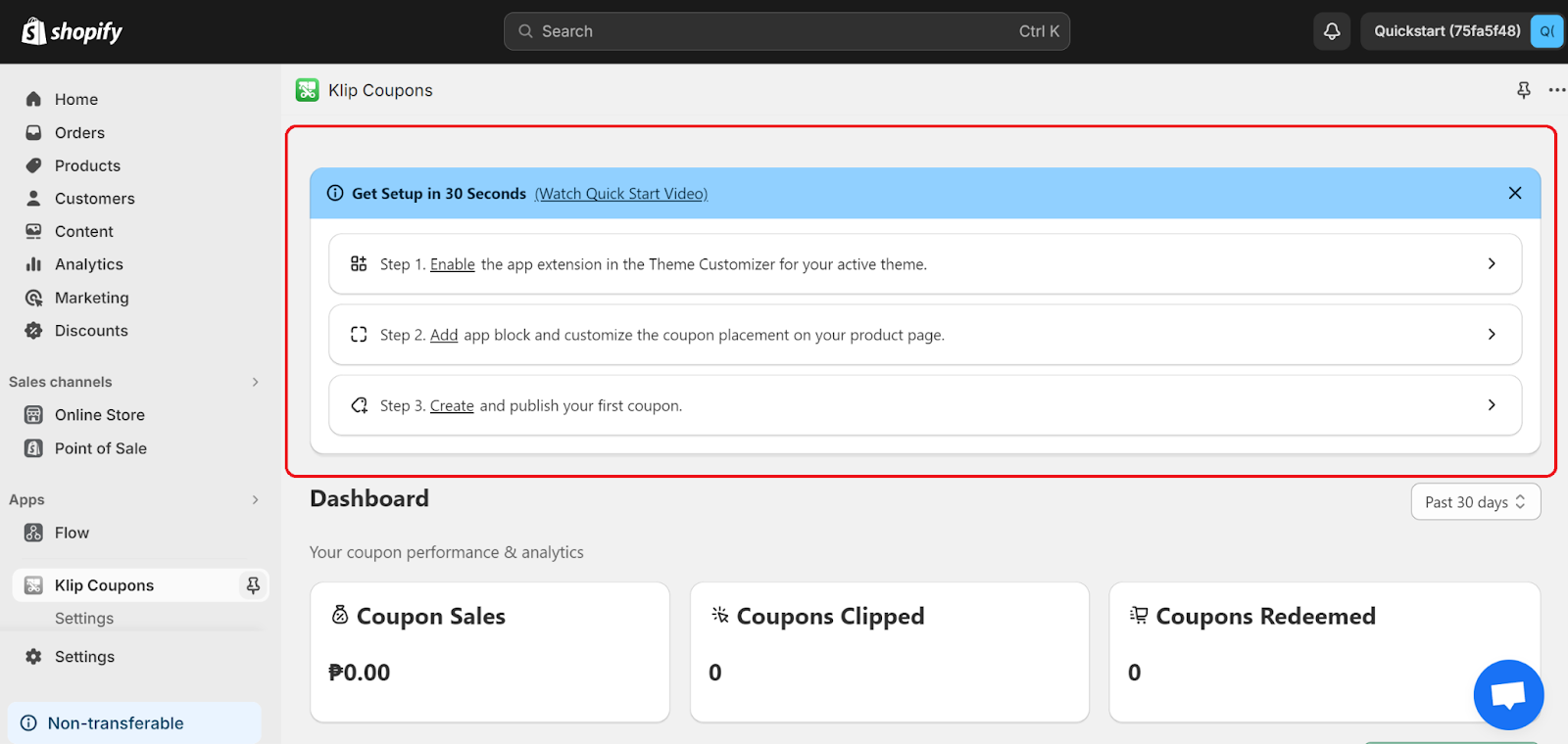 Klip's Shopify Store Owner dashboard highlighting the "Get Setup in 30 Seconds" section