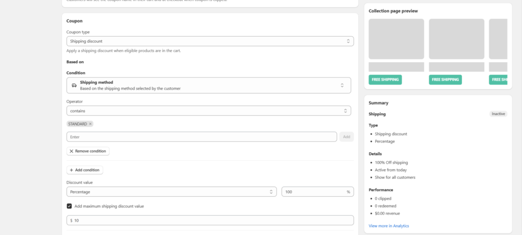 Available Settings when creating a Shipping Coupon with Klip